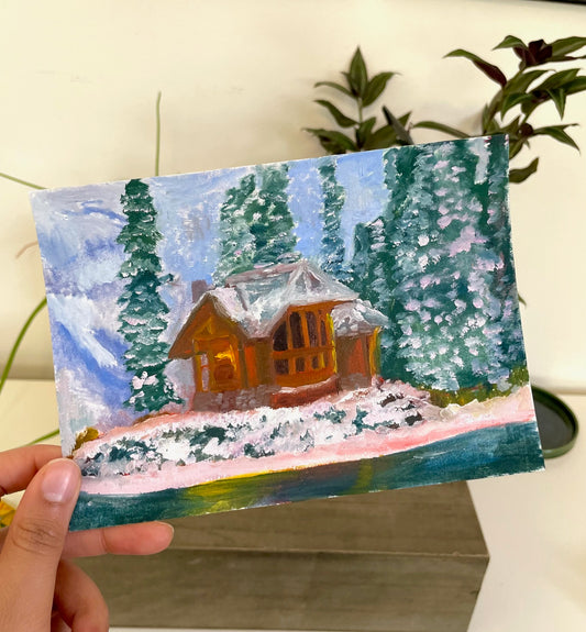 Winter's Cabin Oil Painting